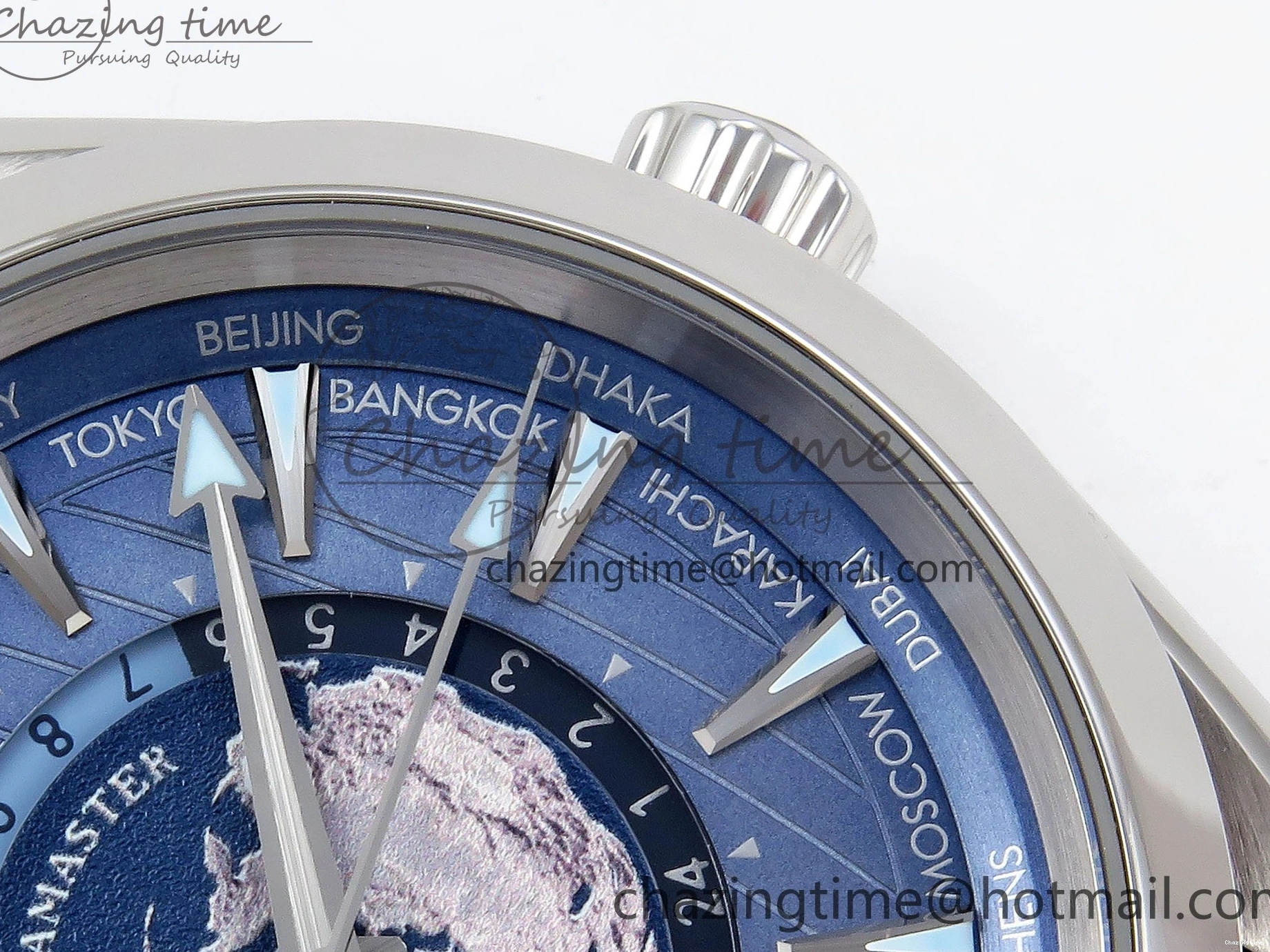 0109 Aqua Terra GMT Worldtimer 43mm VSF 1:1 Best Edition Summer Blue Dial on SS Bracelet A8938 Super Clone FashionForward 7720